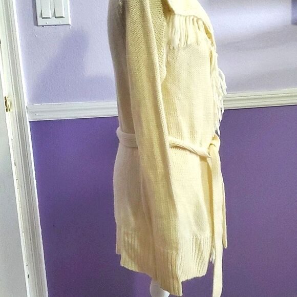 HOST PICK Boho Chic Cream Fringed Longsleeve Knitted Waist Belt Cardigan - Picture 4 of 9